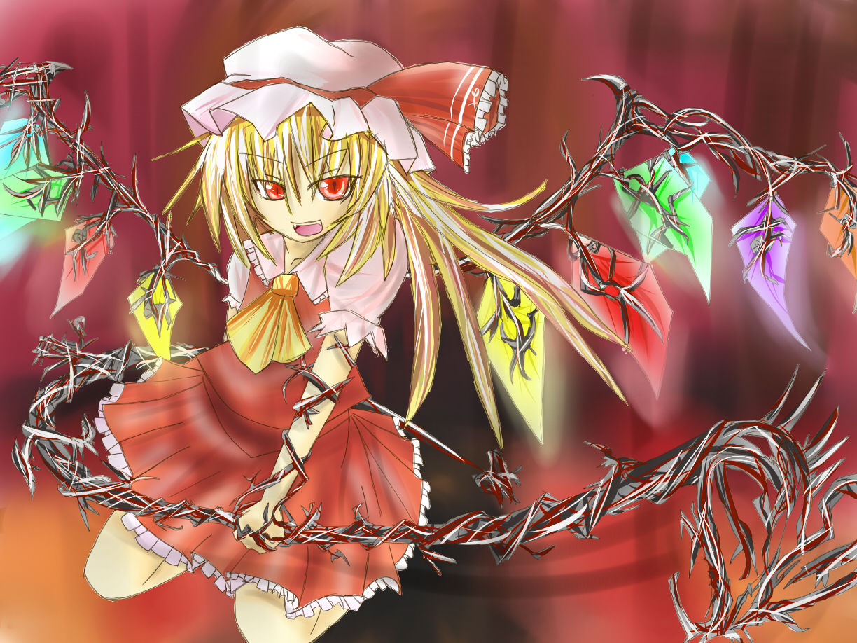 haru ion, flandre scarlet, touhou, 1girl, blonde hair, blouse, collared shirt, female focus, gradient background, hat, mob cap, red background, red eyes, shirt, sitting, solo, white hat, white shirt, wings