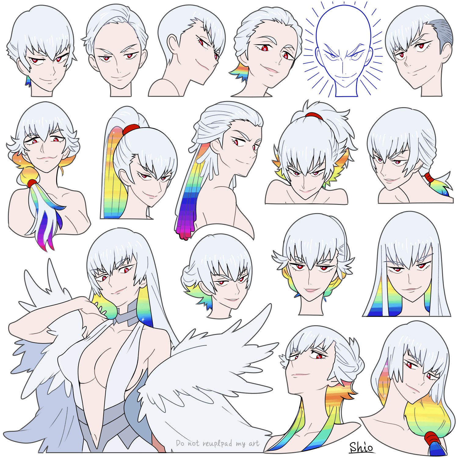 shio (zsp1jqohfr12495), kiryuuin ragyou, kill la kill, highres, 1girl, alternate hair length, alternate hairstyle, artist name, bald, bare shoulders, breasts, cleavage, closed mouth, colored inner hair, english text, eyelashes, flat color, hair over shoulder, hand on own shoulder, jacket, long hair, multicolored hair, multiple views, navel, ponytail, rainbow hair, red eyes, short hair, simple background, smile, stomach, undercut, very short hair, white background, white hair, white jacket