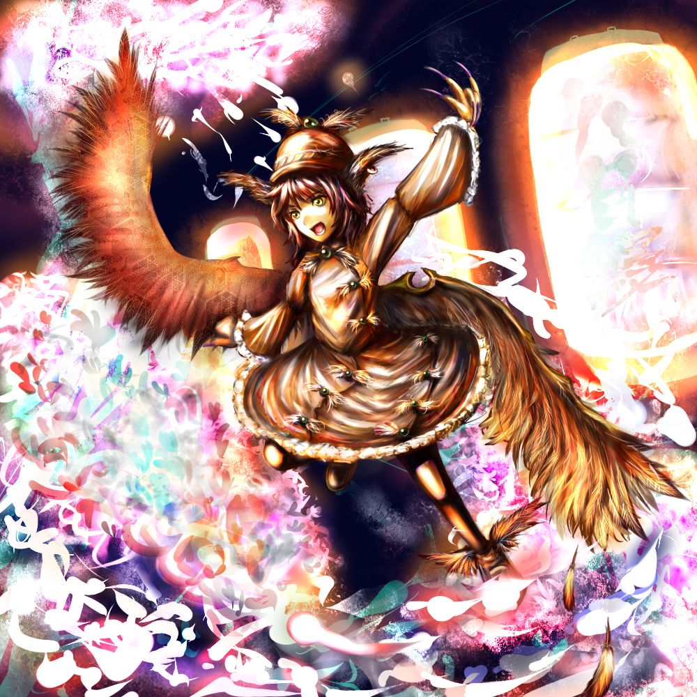 l3, mystia lorelei, touhou, bad id, bad pixiv id, 1girl, female focus, fingernails, hat, long fingernails, nail (hardware), solo, wings, yellow eyes