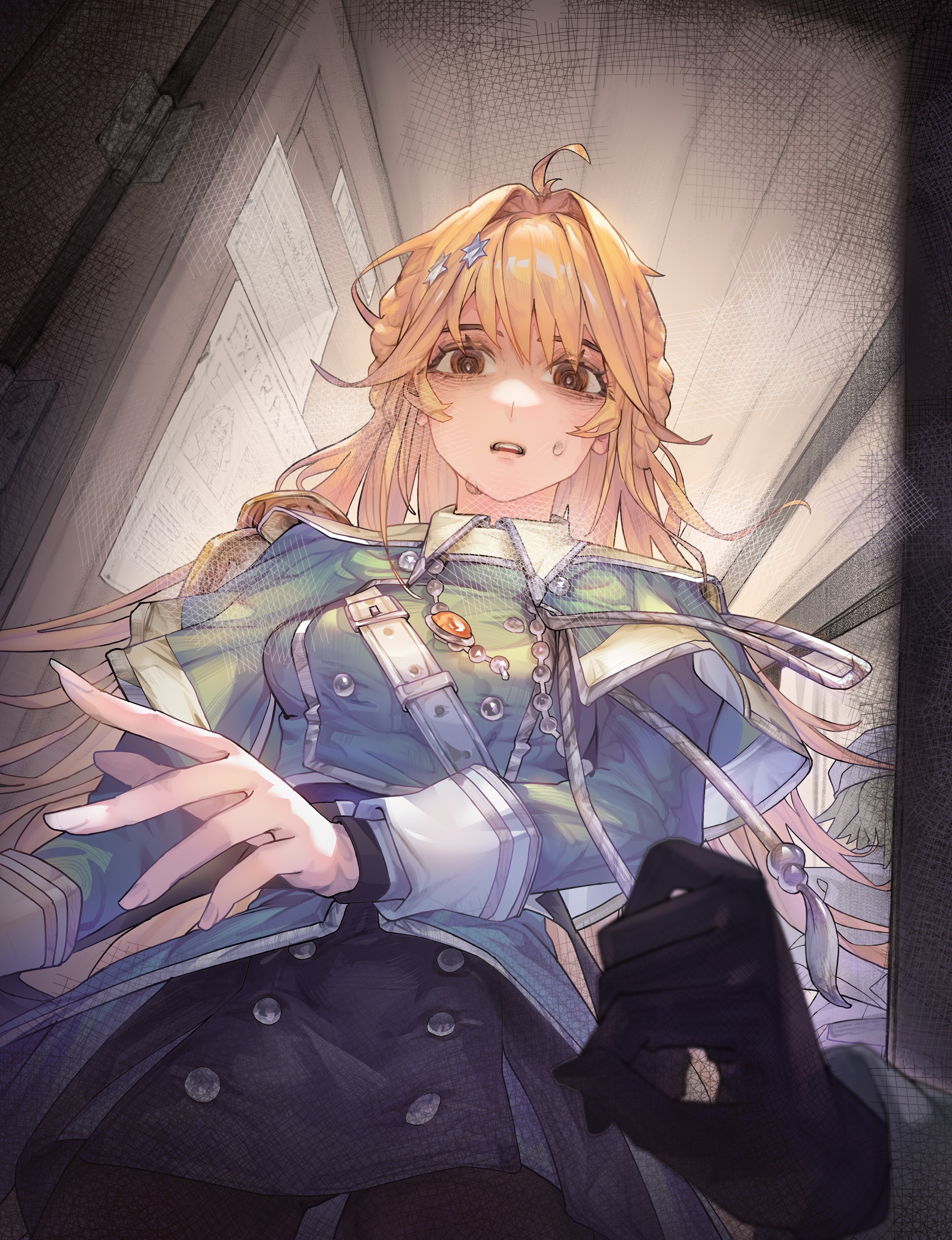 colossuss777, exosister elis, exosister martha, yu-gi-oh!, absurdres, highres, blonde hair, breasts, brown eyes, buttons, double-breasted, dress, duel monster, empty eyes, epaulettes, female pov, hair ornament, large breasts, long hair, multiple girls, open mouth, pov, single epaulette, single shoulder pad, star (symbol), star hair ornament