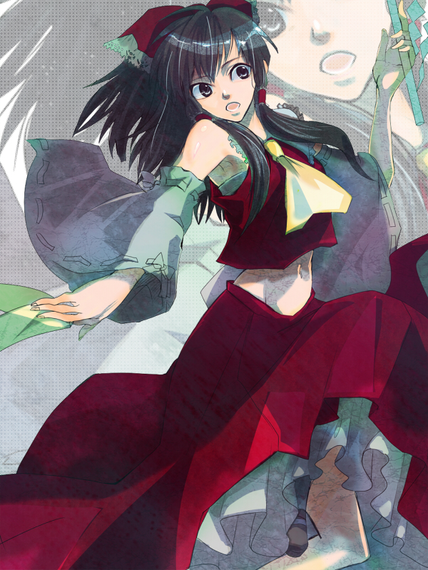 karasu (karasuxx), hakurei reimu, touhou, bad id, bad pixiv id, 1girl, black hair, detached sleeves, female focus, japanese clothes, miko, navel, skirt, solo, zoom layer
