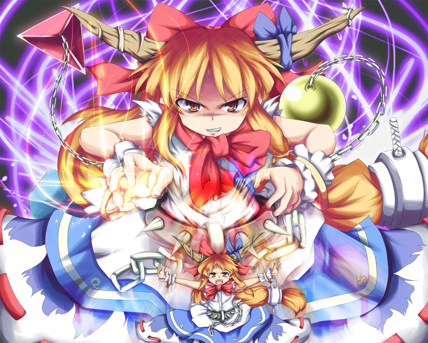 konata gazel, nanatsuhane, ibuki suika, touhou, bad id, bad pixiv id, highres, 1girl, chain, female focus, giant, giantess, horns, solo