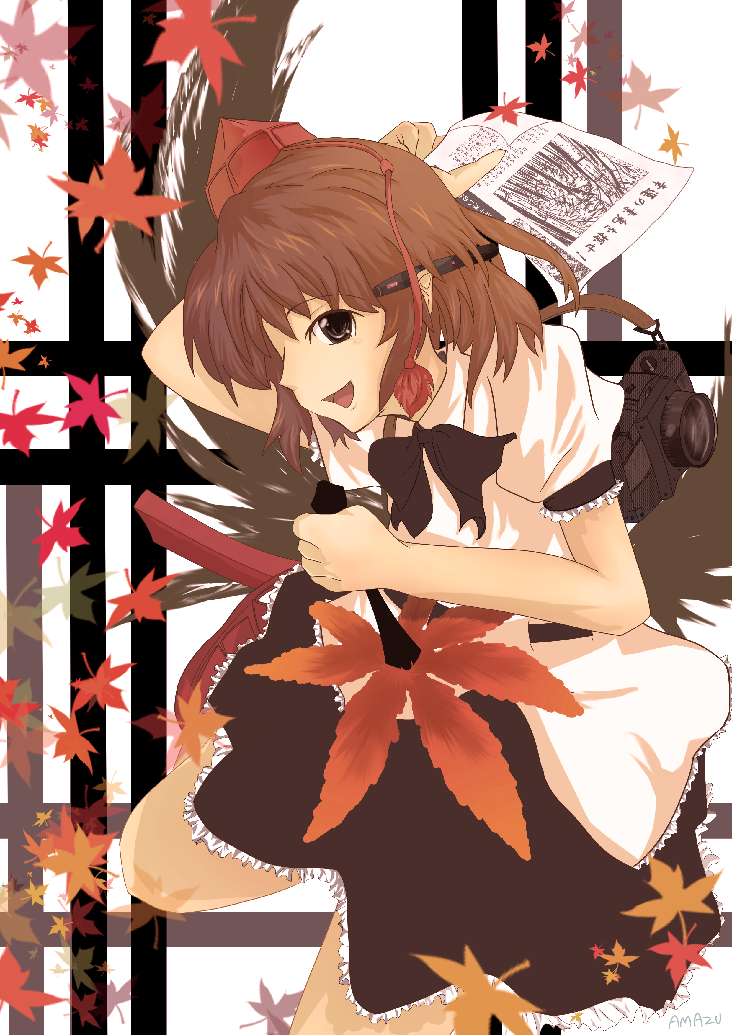 amazu yoriiti, shameimaru aya, touhou, absurdres, highres, 1girl, camera, female focus, hat, looking at viewer, open mouth, smile, solo