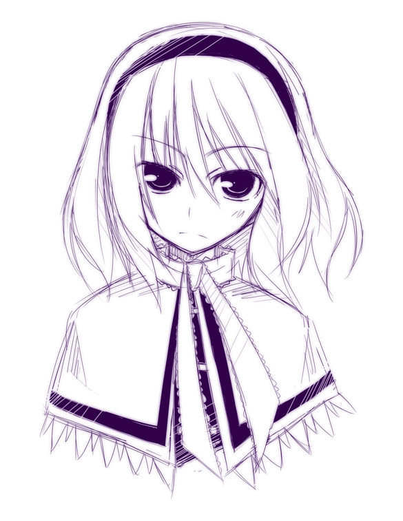 souto, alice margatroid, touhou, bad id, bad pixiv id, 1girl, female focus, hairband, monochrome, purple theme, solo