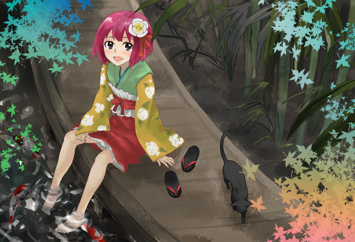 kuma (artist), kuma (crimsonvanilla), hieda no akyuu, perfect memento in strict sense, touhou, 1girl, barefoot, cat, dock, female focus, flower, hair flower, hair ornament, japanese clothes, koi, shoes, sitting, soaking feet, solo, unworn shoes, water