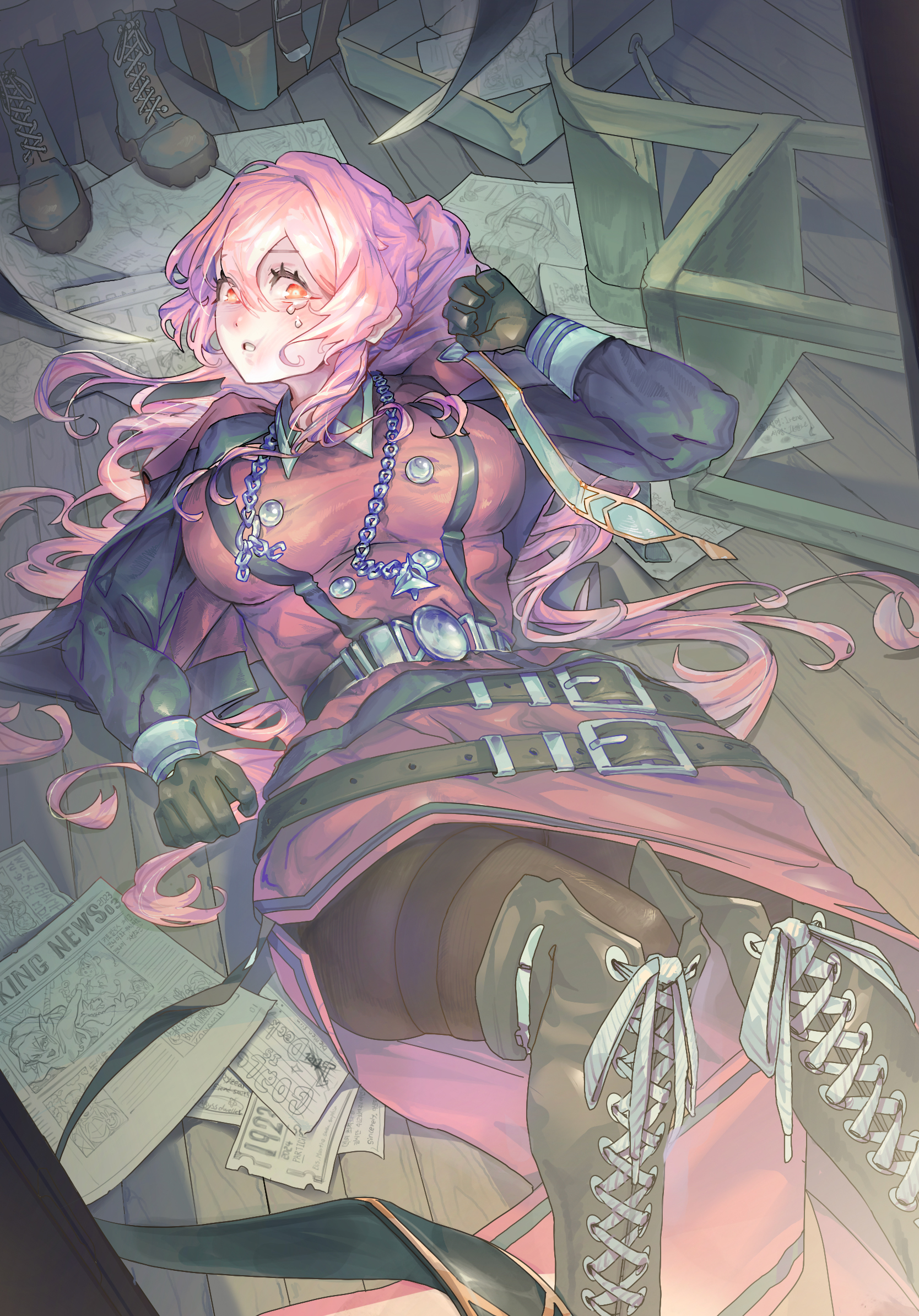colossuss777, exosister martha, yu-gi-oh!, highres, boots, breasts, dress, duel monster, female pov, gloves, hair ornament, jewelry, large breasts, long hair, looking at viewer, multiple girls, necklace, open mouth, pink hair, polished shoes, ponytail, pov, red eyes, tearing up, very long hair