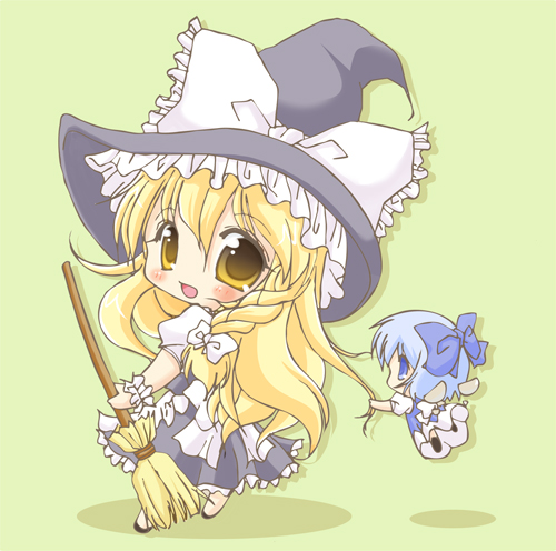 koizumi ako, cirno, kirisame marisa, touhou, lowres, 2girls, blonde hair, blue eyes, blue hair, braid, chibi, female focus, hat, multiple girls, witch, witch hat, yellow eyes