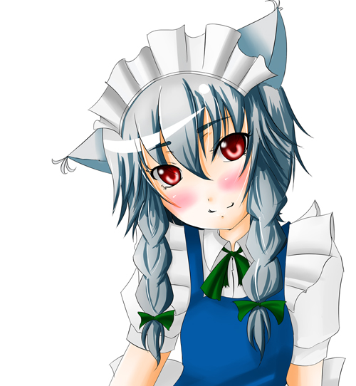 monokurou, inu sakuya (nejikirio), izayoi sakuya, touhou, bad id, bad pixiv id, 1girl, albino, animal ears, blush, braid, dog ears, female focus, kemonomimi mode, maid, red eyes, short hair, solo, twin braids, white hair