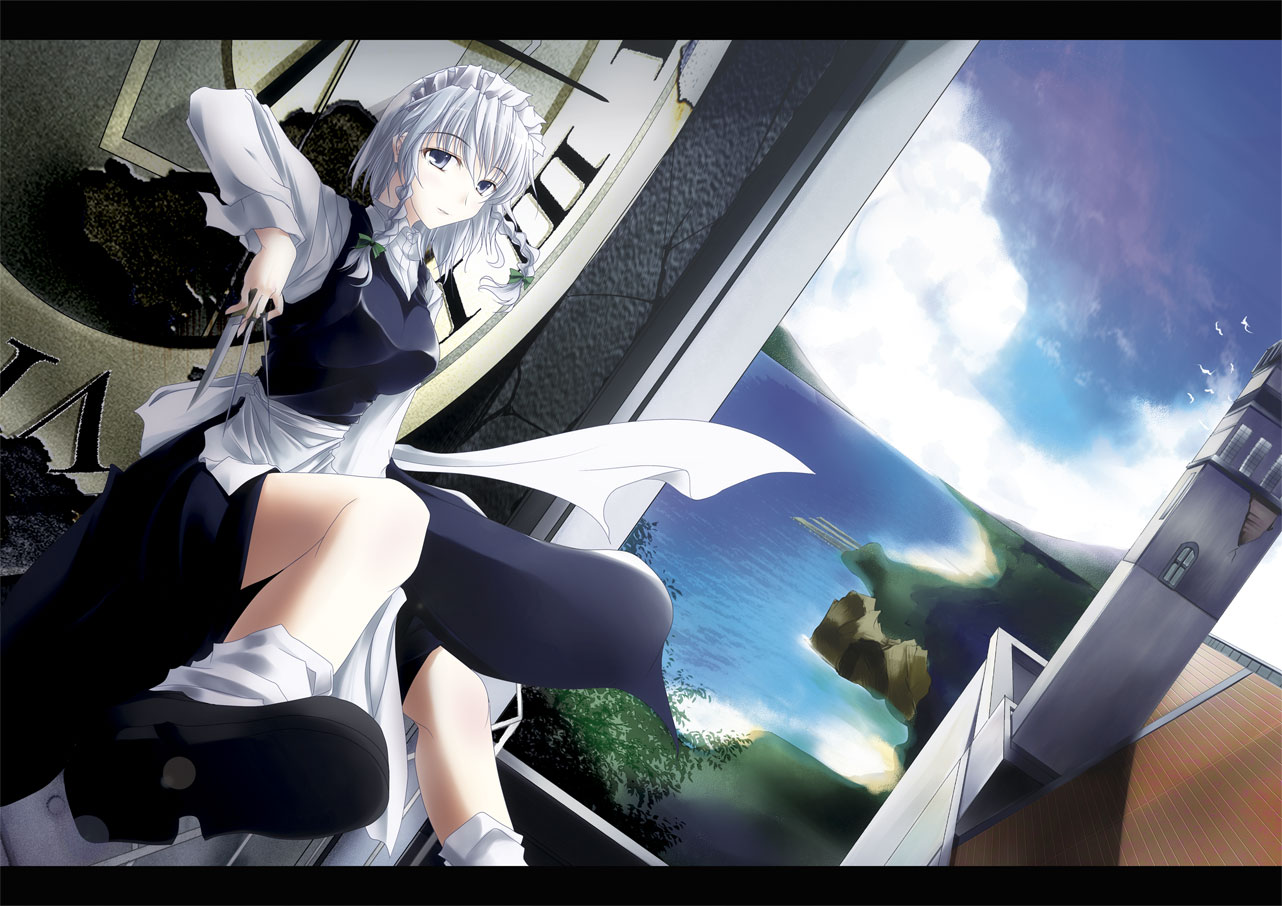 gisyo, izayoi sakuya, touhou, bad id, bad pixiv id, 1girl, between fingers, bird, blue eyes, bow, clock, clock tower, dutch angle, female focus, hair bow, holding, knife, lens flare, letterboxed, light smile, looking at viewer, maid, maid headdress, purple eyes, roman numeral, short hair, sitting, solo, throwing knife, tower, water, weapon, white hair