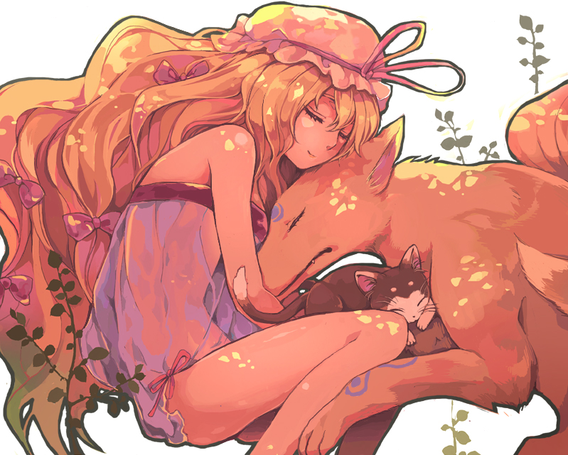 lovecom, chen, chen (cat), yakumo ran, yakumo ran (fox), yakumo yukari, touhou, 1girl, babydoll, blonde hair, cat, female focus, fox, hair ribbon, lingerie, long hair, markings, negligee, ribbon, see-through clothes, sleeping, underwear