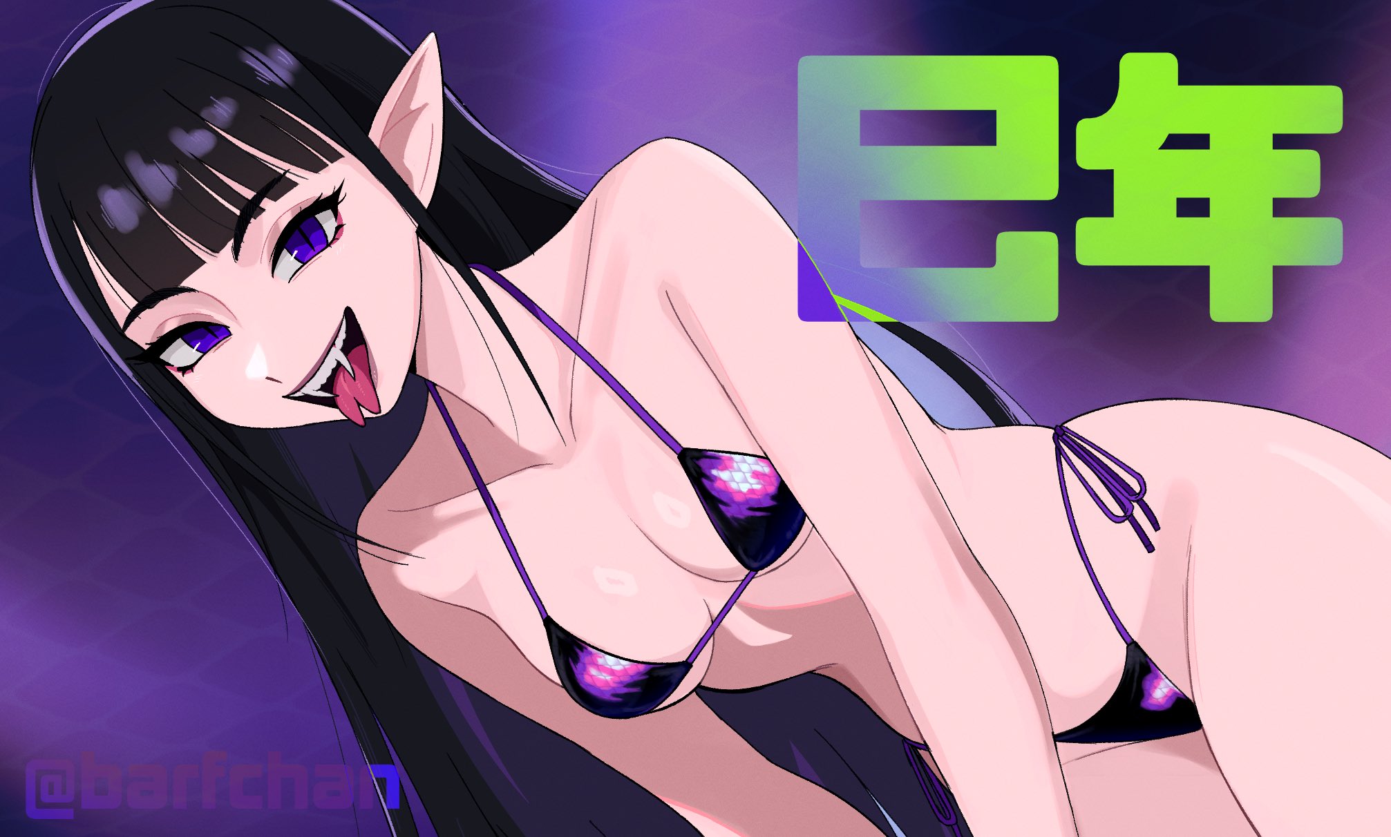 barfchan, highres, 1girl, bare hips, bikini, black hair, blunt bangs, breasts, cleavage, fangs, forked tongue, highleg, medium breasts, pointy ears, purple eyes, side-tie bikini bottom, skinny, slit pupils, small breasts, solo, swimsuit, tongue