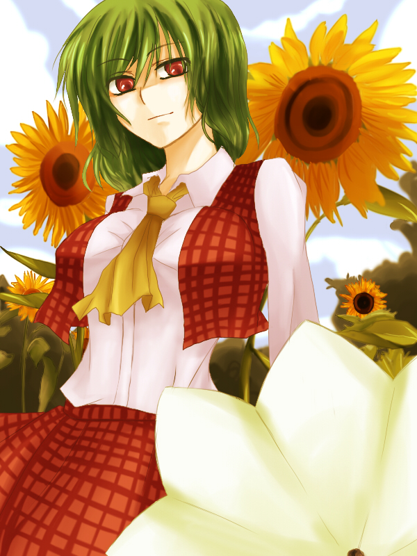 hiyori7, kazami yuuka, touhou, 1girl, ascot, breasts, female focus, flower, green hair, large breasts, light smile, plaid clothes, plaid skirt, plaid vest, red eyes, short hair, skirt, skirt set, solo, sunflower, vest