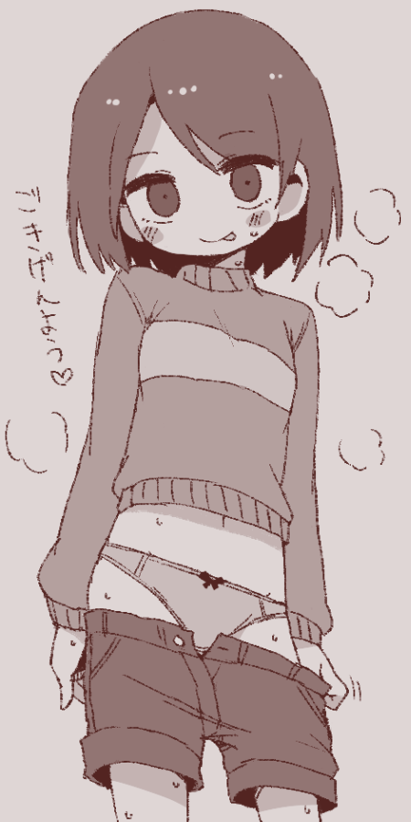 dokan (dkn), chara (undertale), undertale, utdr (toby fox), 1girl, :q, blush, blush stickers, bow, bow panties, breath, closed mouth, grey background, long sleeves, looking at viewer, monochrome, open fly, panties, shorts, simple background, smile, solo, sweat, sweater, tongue, tongue out, turtleneck, underwear