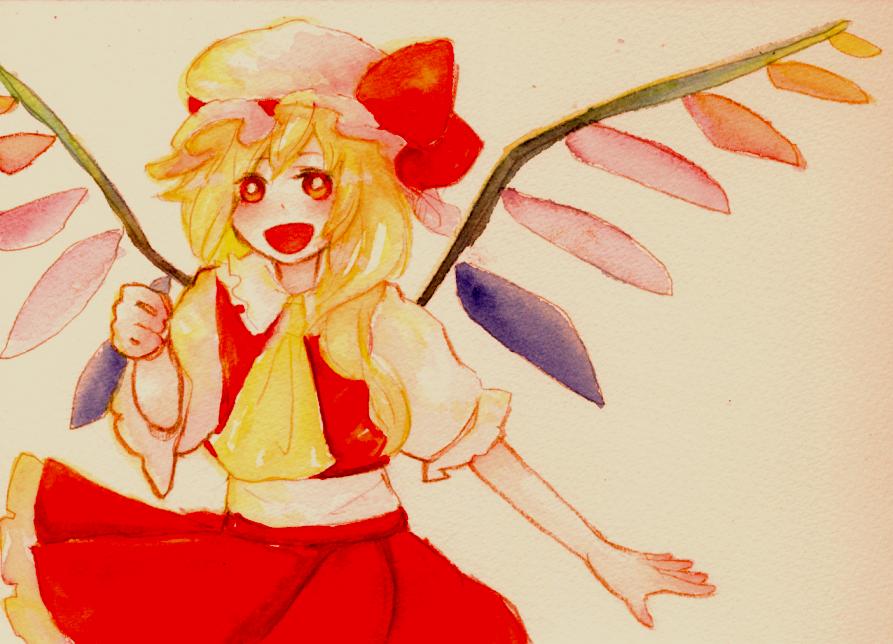 tori (rakuyuki), flandre scarlet, touhou, 1girl, blonde hair, blouse, collared shirt, female focus, hat, mob cap, red eyes, shirt, solo, white hat, white shirt, wings