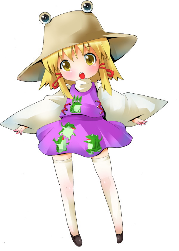 michii yuuki, moriya suwako, touhou, 1girl, chibi, female focus, full body, hat, simple background, skirt, solo, thighhighs, white background