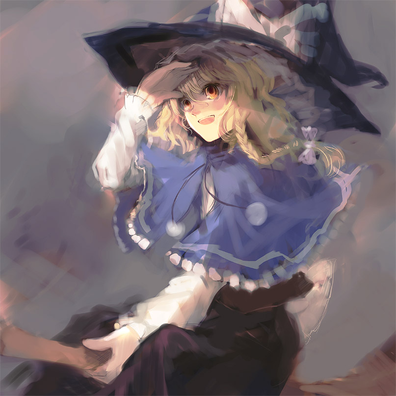 nokishita, kirisame marisa, subterranean animism, touhou, 1girl, :d, black hat, black skirt, black vest, blonde hair, bow, braid, broom, broom riding, capelet, female focus, frills, from side, hair bow, hat, hat bow, long hair, long sleeves, open mouth, orange eyes, pom pom (clothes), riding, shading eyes, shirt, single braid, sketch, skirt, smile, solo, vest, white bow, white shirt, witch, witch hat