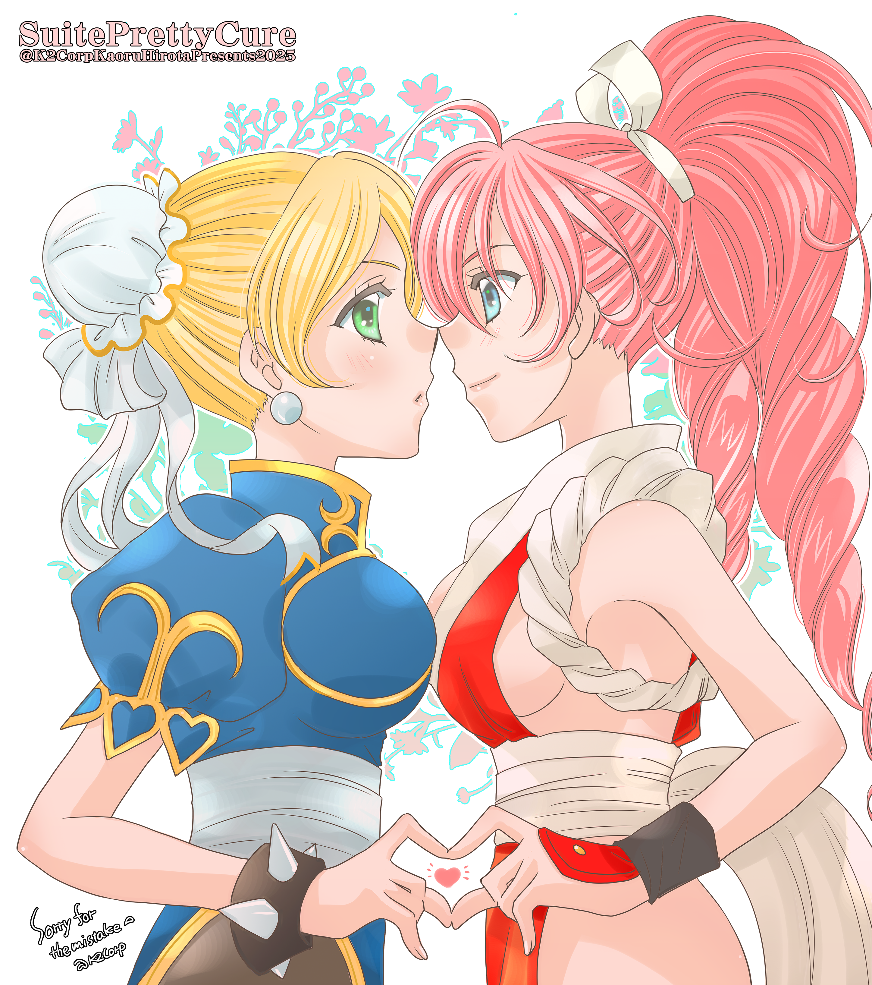 hirota kaoru, chun-li, cure melody, cure rhythm, houjou hibiki, koshimizu ami, minamino kanade, orikasa fumiko, shiranui mai, capcom, fatal fury, precure, street fighter, suite precure, the king of fighters, absurdres, commission, highres, skeb commission, akiman pose, bare shoulders, blonde hair, blue eyes, bracelet, brown pantyhose, bun cover, china dress, chinese clothes, chun-li (cosplay), cosplay, crossover, dress, earrings, green eyes, hair bun, japanese clothes, jewelry, ninja, pantyhose, pelvic curtain, pink hair, revealing clothes, shiranui mai (cosplay), spiked bracelet, spikes, twintails, voice actor connection, yuri