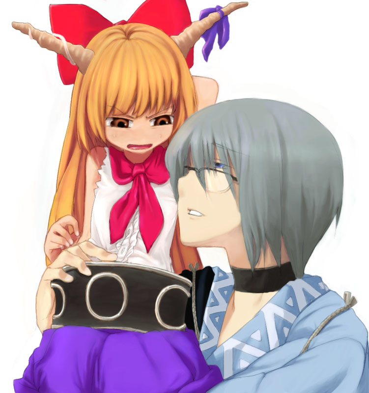 7c, ibuki suika, morichika rinnosuke, touhou, silver hair, 1boy, 1girl, alternate eye color, annoyed, arm behind head, arm up, belt, blue eyes, choker, glasses, horns, long hair, looking at another, open mouth, orange eyes, orange hair, red eyes, scarf, short hair, simple background, size difference, skirt, sleeveless, white background