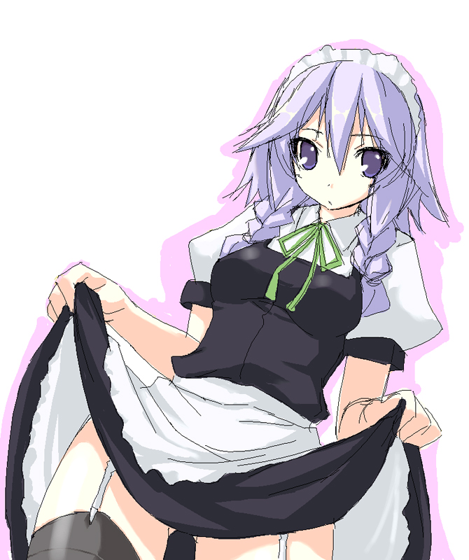 kaneru, izayoi sakuya, touhou, silver hair, 1girl, braid, female focus, short hair, solo, thighhighs, twin braids