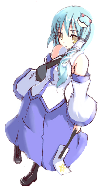 kaneru, kochiya sanae, touhou, 1girl, aqua hair, asymmetrical hair, black necktie, blue skirt, boots, brown boots, female focus, frog hair ornament, full body, gohei, hair ornament, hair tubes, holding, knee boots, long hair, looking at viewer, necktie, oonusa, simple background, skirt, snake hair ornament, solo, standing, vest, white background