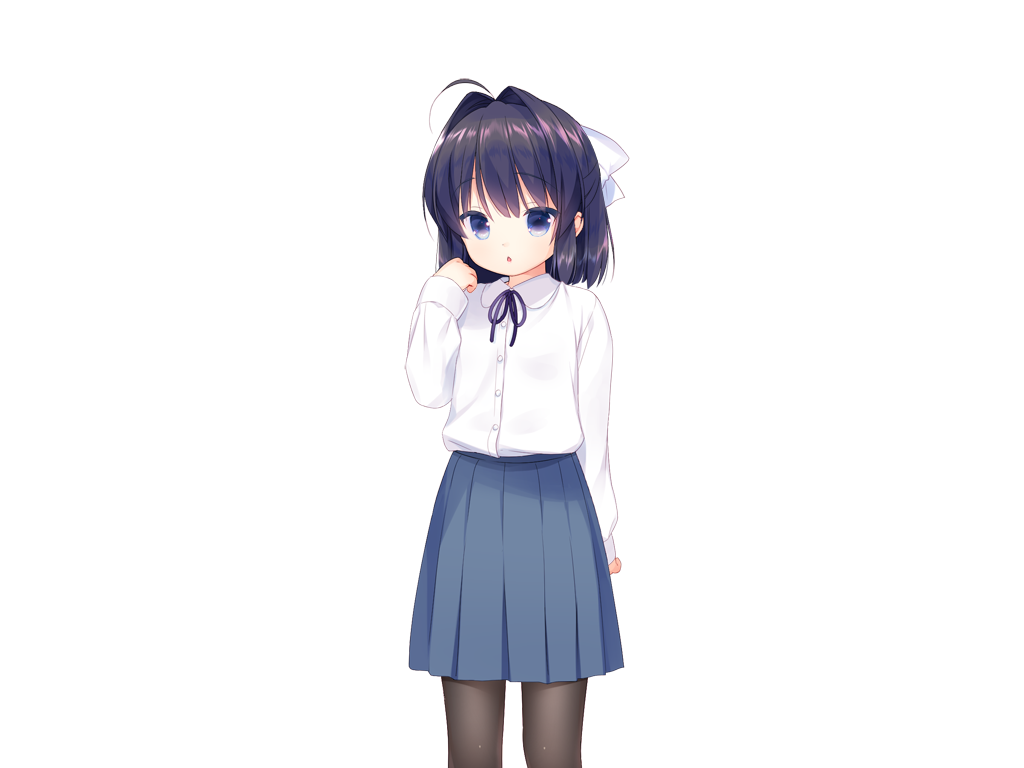 piyodera mucha, kotae (otomari koibito lolita), otomari koibito lolita, game cg, non-web source, 1girl, :o, ahoge, black hair, black pantyhose, blue eyes, blue skirt, buttons, collared shirt, cowboy shot, hair ribbon, hand up, long sleeves, looking at viewer, medium hair, neck ribbon, open mouth, pantyhose, pleated skirt, purple ribbon, ribbon, shirt, simple background, skirt, solo, tachi-e, transparent background, white ribbon, white shirt