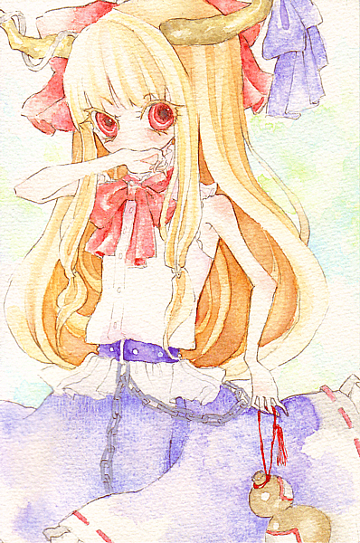 miri, miri (tobira no mukou), ibuki suika, touhou, painting (medium), traditional media, watercolor (medium), 1girl, chain, colored eyelashes, eyelashes, female focus, gourd, no nose, red eyes, solo, wiping mouth