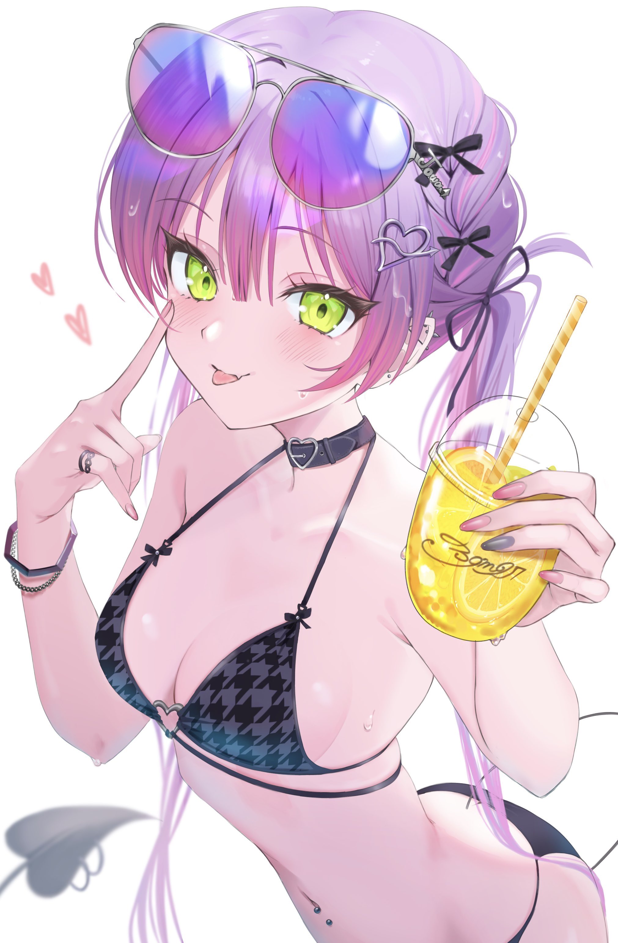 39m27, tokoyami towa, hololive, absurdres, highres, 1girl, akanbe, barbell piercing, bare arms, bare shoulders, belt, belt collar, bikini, black belt, black bikini, black bow, blush, bow, bracelet, breasts, collar, collarbone, demon girl, demon tail, drink, drinking straw, ear piercing, eyelid pull, eyewear on head, fang, food, fruit, green eyes, hair between eyes, hair bow, hair ornament, halterneck, heart, heart hair ornament, heart ornament, holding, holding drink, industrial piercing, jewelry, lemon, lemonade, long hair, looking at viewer, medium breasts, navel, navel piercing, piercing, ring, signature, simple background, skin fang, spike piercing, stomach, string bikini, sunglasses, swimsuit, tail, tongue, tongue out, twintails, upper body, virtual youtuber, wet, white background