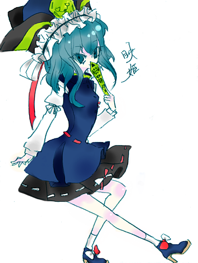 miri, miri (tobira no mukou), shiki eiki, touhou, 1girl, blush, body blush, colored eyelashes, female focus, green eyes, green hair, high heels, matching hair/eyes, rod of remorse, shoes, solo