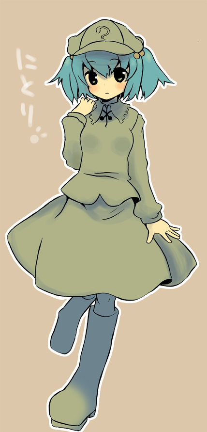 miyamoto kunai, kawashiro nitori, touhou, 1girl, boots, character name, dress, female focus, full body, hair bobbles, hair ornament, hat, simple background, solo, standing, two side up