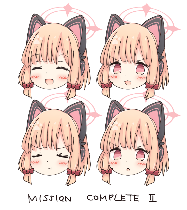 kamotsu yasai, momoi (blue archive), blue archive, 1girl, :d, :t, ^ ^, animal ear headphones, animal ears, blonde hair, blush, bow, cat ear headphones, cat ears, closed eyes, closed mouth, dot nose, english text, fake animal ears, hair bow, halo, happy, head only, headphones, low-tied sidelocks, multiple expressions, open mouth, parted bangs, pink eyes, pink halo, pout, red bow, short hair, sidelocks, simple background, smile, teeth, upper teeth only, v-shaped eyebrows, white background