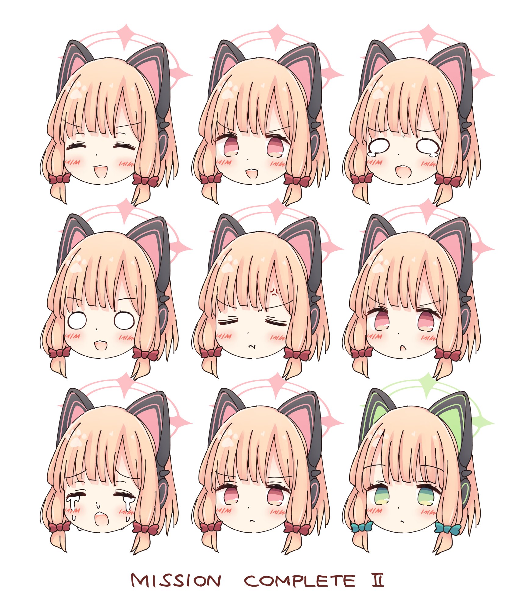 kamotsu yasai, midori (blue archive), momoi (blue archive), blue archive, commentary request, highres, 2girls, :<, :d, :t, ^ ^, anger vein, animal ear headphones, animal ears, blonde hair, blush, bow, cat ear headphones, cat ears, closed eyes, crying, dot nose, english text, fake animal ears, green bow, green eyes, green halo, hair bow, halo, happy, head only, headphones, low-tied sidelocks, multiple expressions, multiple girls, o o, open mouth, parted bangs, pink eyes, pink halo, pout, red bow, sad, short hair, sidelocks, simple background, smile, surprised, tearing up, tears, teeth, upper teeth only, v-shaped eyebrows, white background, wide oval eyes