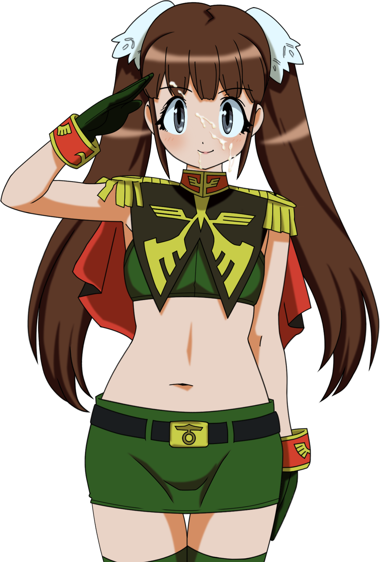 haruka4x, catharine blitzen, gundam, gundam card builder, bad id, bad pixiv id, highres, brown hair, cum, cum on body, facial, flat chest, gloves, grey eyes, long hair, midriff, salute, smile, solo, thighhighs, transparent background, twintails