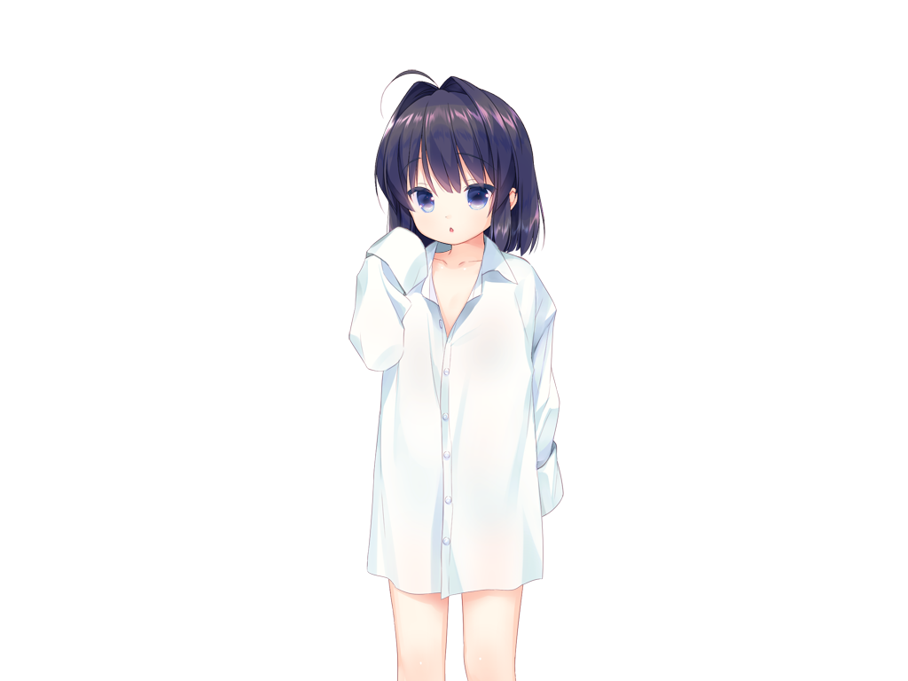 piyodera mucha, kotae (otomari koibito lolita), otomari koibito lolita, game cg, non-web source, 1girl, :o, ahoge, black hair, blue eyes, collarbone, collared shirt, cowboy shot, hand up, long sleeves, looking at viewer, medium hair, no pants, open mouth, shirt, simple background, sleeves past fingers, sleeves past wrists, solo, tachi-e, transparent background, white shirt
