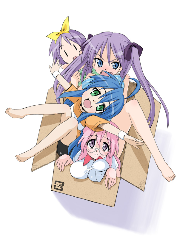 eunos, hiiragi kagami, hiiragi tsukasa, izumi konata, takara miyuki, lucky star, 00s, 4girls, barefoot, blue eyes, box, breast press, breasts, cardboard box, feet, glasses, green eyes, hair ribbon, hairband, in box, in container, long hair, mole, mole under eye, multiple girls, purple eyes, ribbon, short hair, siblings, sisters, small breasts, smile, twins, twintails, | |