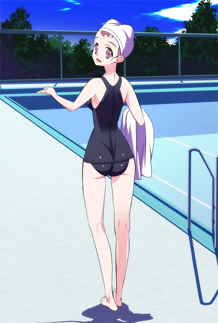 tensugi takashi, bad id, bad pixiv id, 1girl, ass, back, barefoot, black one-piece swimsuit, brown eyes, chain-link fence, cloud, day, female focus, fence, from behind, looking at viewer, looking back, one-piece swimsuit, outdoors, pool, pool ladder, poolside, school swimsuit, shadow, smile, solo, swim cap, swimsuit, towel, wet