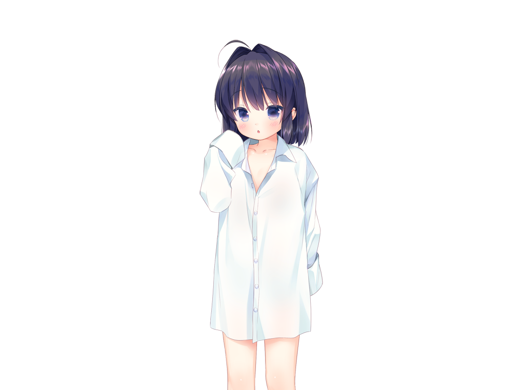 piyodera mucha, kotae (otomari koibito lolita), otomari koibito lolita, game cg, non-web source, 1girl, :o, ahoge, black hair, blue eyes, blush, collarbone, collared shirt, cowboy shot, hand up, long sleeves, looking at viewer, medium hair, no pants, open mouth, shirt, simple background, sleeves past fingers, sleeves past wrists, solo, tachi-e, transparent background, white shirt
