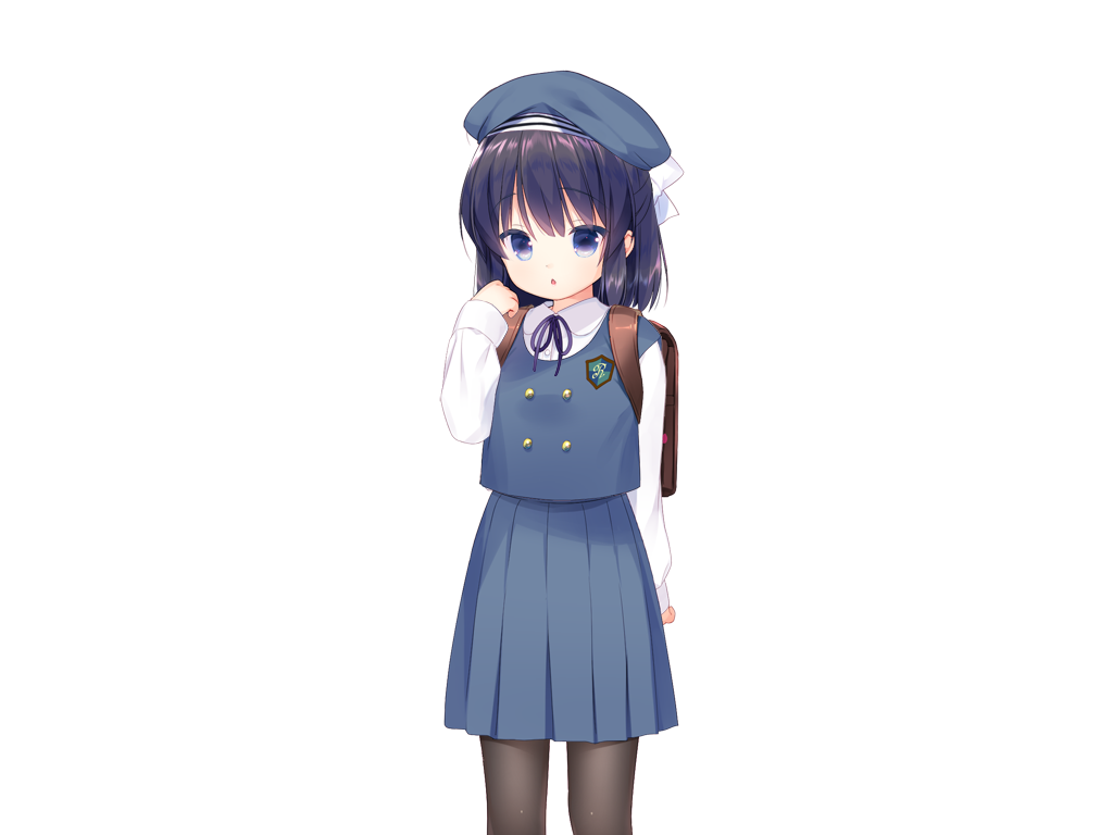 piyodera mucha, kotae (otomari koibito lolita), otomari koibito lolita, game cg, non-web source, 1girl, :o, ahoge, backpack, bag, black hair, black pantyhose, blue eyes, blue skirt, blue vest, buttons, collared shirt, cowboy shot, double-breasted, hair ribbon, hand up, long sleeves, looking at viewer, medium hair, neck ribbon, open mouth, pantyhose, pleated skirt, purple ribbon, ribbon, shirt, simple background, skirt, solo, tachi-e, transparent background, vest, white ribbon, white shirt