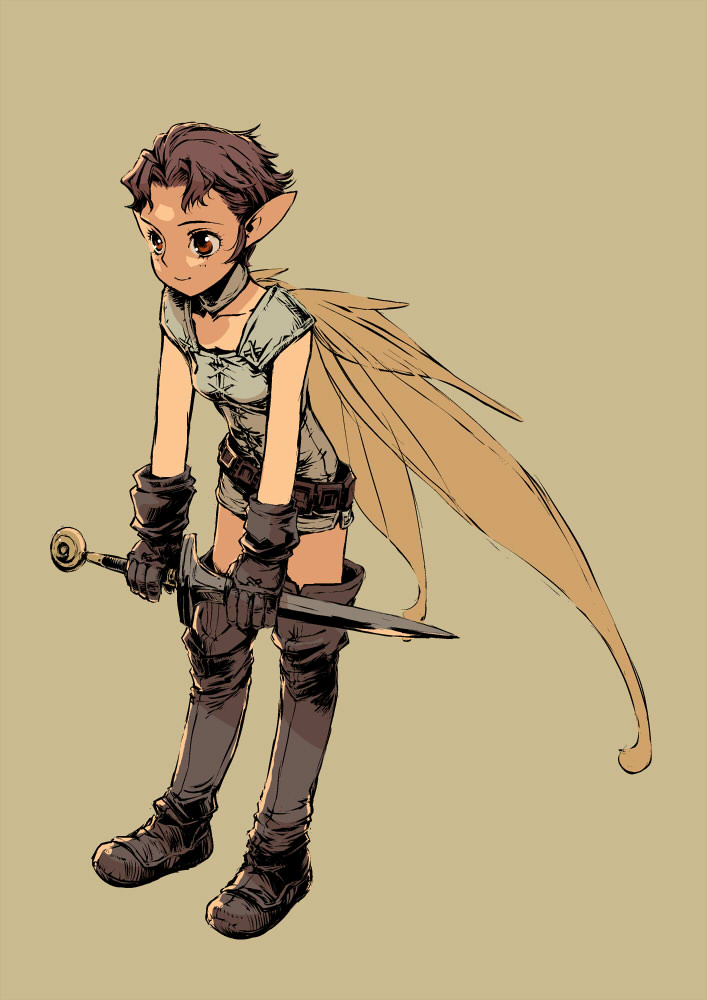 branch (blackrabbits), bad id, bad pixiv id, 1girl, belt, boots, brown hair, fairy, female focus, gauntlets, leaning forward, pointy ears, red eyes, simple background, smile, solo, sword, thigh boots, thighhighs, weapon, wings