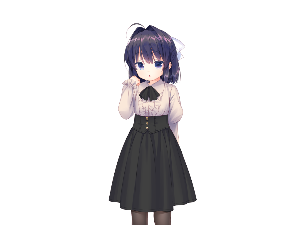 piyodera mucha, kotae (otomari koibito lolita), otomari koibito lolita, game cg, non-web source, 1girl, :o, ahoge, black hair, black pantyhose, black ribbon, black skirt, blue eyes, center frills, collared shirt, cowboy shot, frills, hair ribbon, hand up, high-waist skirt, long sleeves, looking at viewer, medium hair, neck ribbon, open mouth, pantyhose, ribbon, shirt, simple background, skirt, solo, tachi-e, transparent background, white ribbon, white shirt
