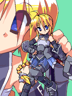 mof, redrantem, tomoshibi hidekazu, girl with a blonde braid (tomoshibi hidekazu), redrantem's orange haired girl, original, lowres, 1girl, ahoge, armor, blonde hair, blue eyes, boots, figure, long hair, multiple views, oekaki, ponytail, skirt, very long hair