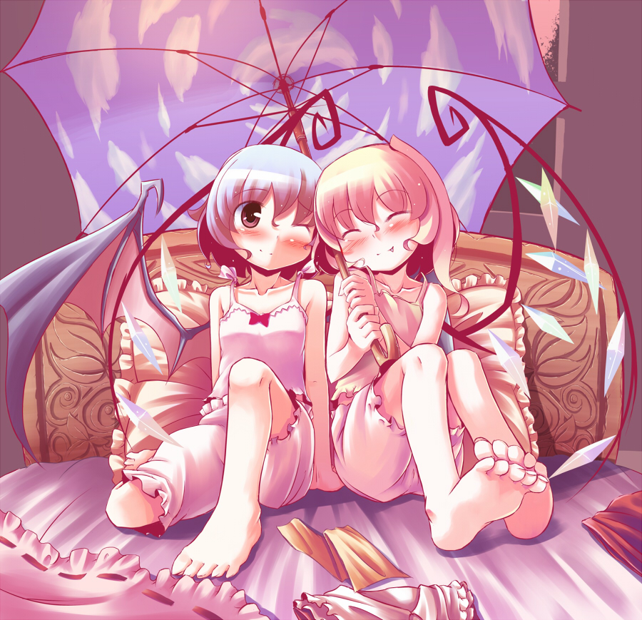 takahero, flandre scarlet, remilia scarlet, touhou, 2girls, barefoot, bed, blonde hair, bloomers, blue hair, blush, closed eyes, fang, feet, female focus, holding, holding umbrella, indoors, lingerie, multiple girls, one eye closed, pillow, ribbon, short hair, siblings, sisters, smile, umbrella, underwear, white bloomers, wings, wink