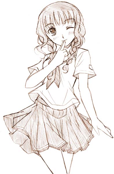 kusui aruta, mizusawa mao, kimi kiss, 1girl, braid, brown theme, female focus, hair over shoulder, monochrome, solo, twin braids, twintails