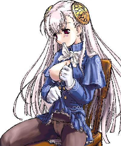 ingrid (capcom), capcom, capcom fighting jam, lowres, 1girl, albino, blush, breasts, bun cover, chair, clothes lift, double bun, dress, dress lift, female focus, gloves, hair bun, hairpods, long hair, miniskirt, nipples, open clothes, open skirt, panties, panties under pantyhose, pantyhose, pantyshot, red eyes, ribbon, shirt, skirt, skirt lift, solo, underwear, white hair