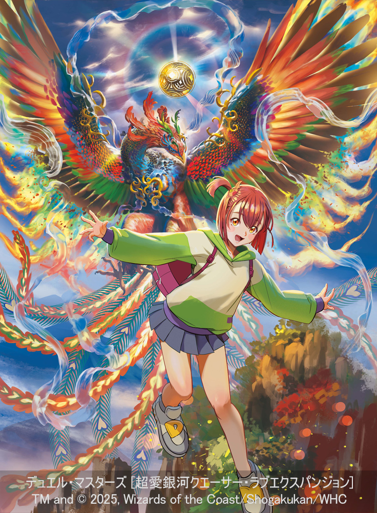 akagi shunsuke (und), katori niika, dragon musume ni naritakunai!, duel masters, duel masters lost, official art, 1girl, 2025, backpack, bag, bird, bird tail, bird wings, black skirt, brown eyes, copyright notice, full body, green hoodie, grey shoes, hood, hoodie, miniskirt, multicolored hoodie, multicolored shoes, one side up, open mouth, phoenix, pink bag, pleated skirt, purple hoodie, red hair, shoes, skirt, tail, wings, yellow hoodie, yellow shoes