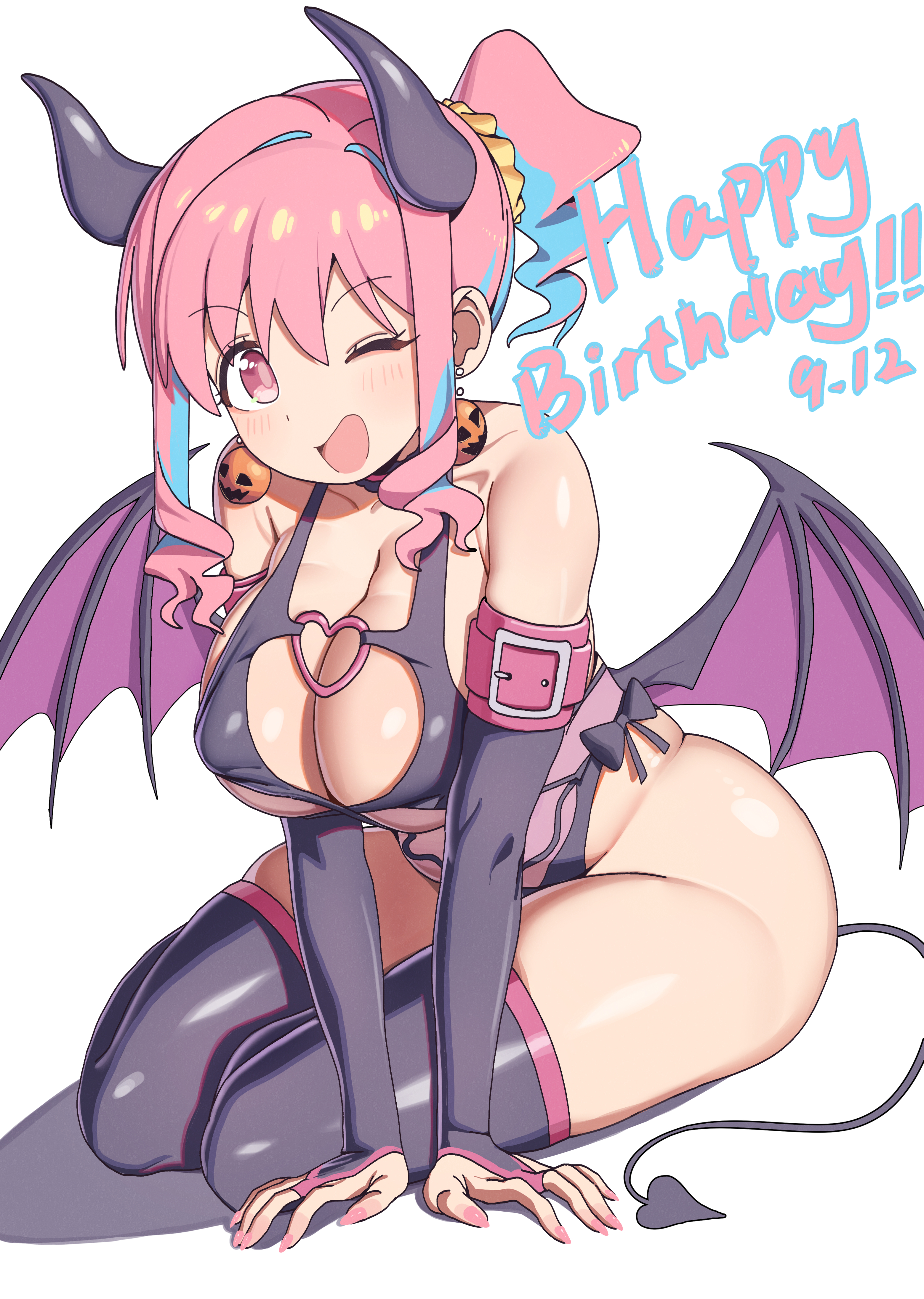 ylong, hozuki kaede, onii-chan wa oshimai!, absurdres, commentary, english commentary, highres, 1girl, alternate costume, anime coloring, arm strap, arm support, armpit crease, bare shoulders, belt buckle, black choker, black gloves, black ribbon, black thighhighs, blue streaks, blush, breasts, bridal gauntlets, buckle, choker, cleavage, collarbone, dated, demon girl, demon horns, demon tail, demon wings, earrings, floating earrings, frilled choker, frills, full body, gloves, hair ornament, hair scrunchie, halloween costume, happy birthday, heart ornament, highleg, highleg leotard, horns, jewelry, large breasts, leotard, long sidelocks, looking at viewer, low wings, multicolored hair, nail polish, on floor, one eye closed, open mouth, pink eyes, pink hair, pink nails, pink pupils, pink trim, ponytail, pumpkin ornament, revealing clothes, ribbon, scrunchie, shadow, shiny skin, short ponytail, side ponytail, sidelocks, simple background, sitting, skindentation, smile, solo, tail, thighhighs, two-tone hair, underboob, wavy hair, white background, wings