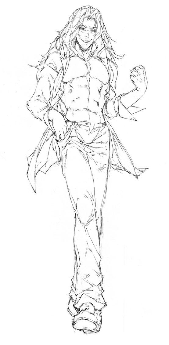 salamanshe, michael roa valdamjong, tsukihime, 1boy, abs, arm up, bare pectorals, clenched hand, collared shirt, crossed legs, evil grin, evil smile, grin, hand in pocket, lineart, long hair, looking at viewer, male focus, open clothes, open shirt, pants, pectorals, shirt, shoes, sleeve cuffs, smile, very long hair, walking, wavy hair