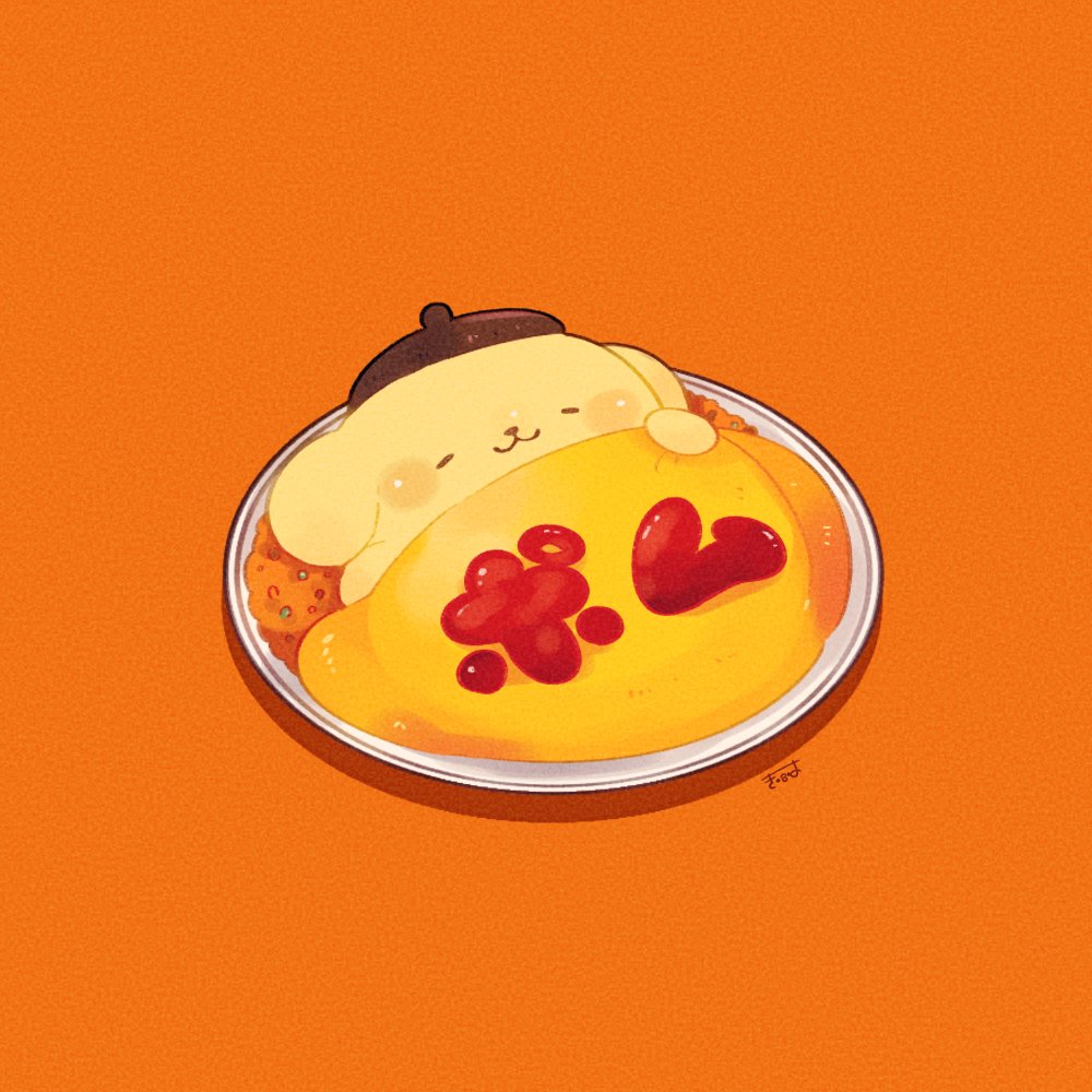tenmiyakiyo, pompompurin, sanrio, commentary, :3, beret, brown hat, closed eyes, closed mouth, food, hat, in food, lying, no humans, omelet, omurice, on back, orange background, plate, signature, simple background, sleeping, solo, under covers