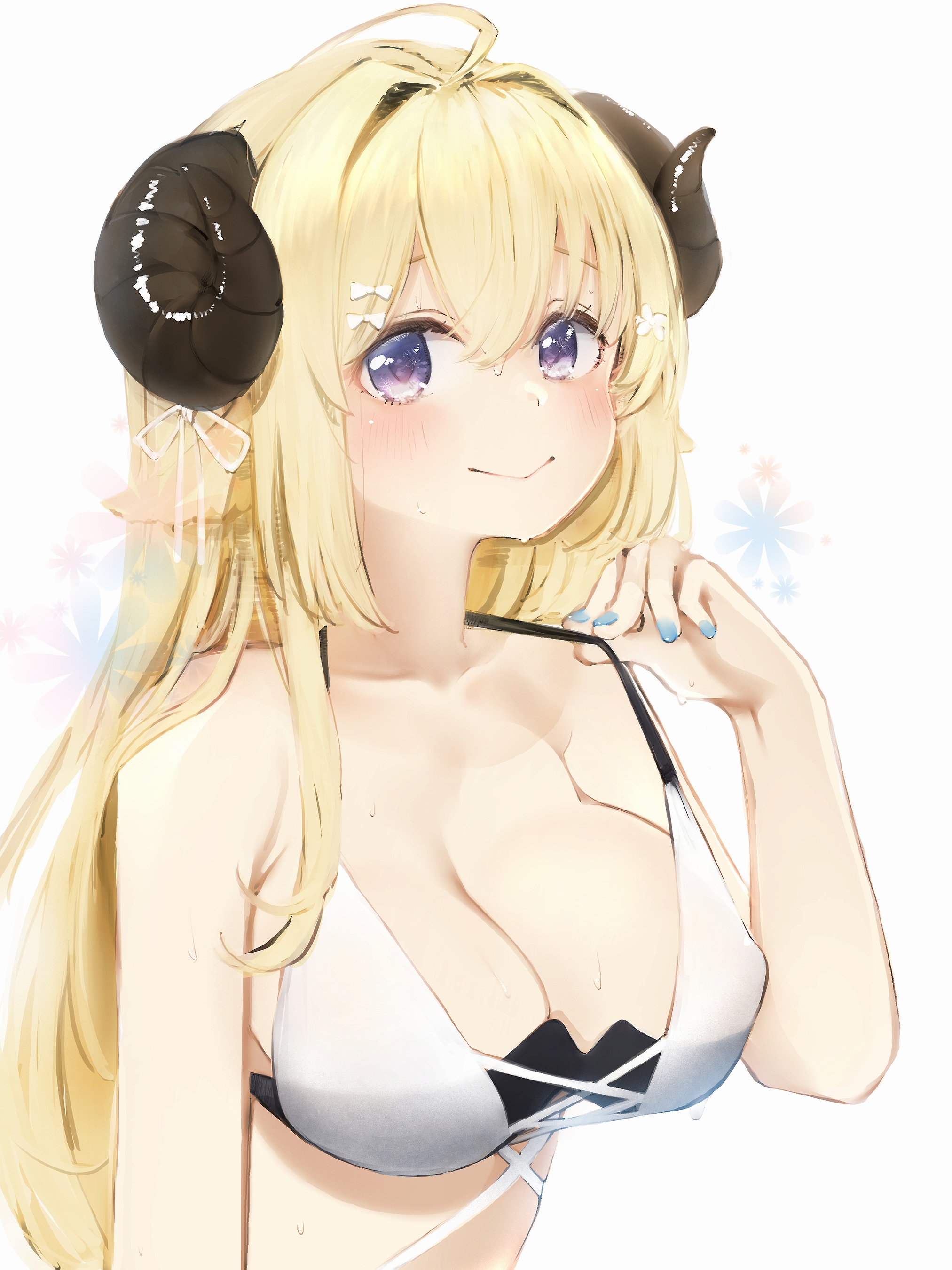 nanashi (nlo), tsunomaki watame, hololive, absurdres, highres, 1girl, ahoge, animal ears, bikini, blonde hair, blush, breasts, cleavage, floral background, hair ornament, hairclip, horns, large breasts, long hair, looking at viewer, nail polish, purple eyes, sheep ears, sheep girl, sheep horns, simple background, smile, solo, strap pull, swimsuit, upper body, virtual youtuber, white background, white bikini