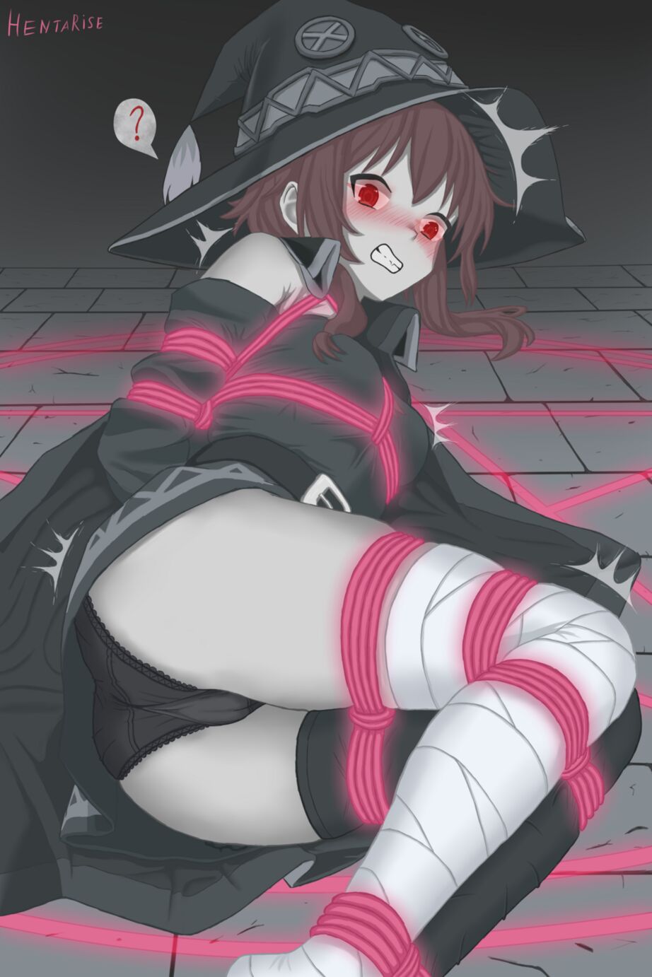 hentarise, megumin, kono subarashii sekai ni bakuen wo!, kono subarashii sekai ni shukufuku wo!, konosuba! fantastic days, highres, unfinished, 1girl, angry, ass, bandaged leg, bandages, bdsm, belt, black panties, blush, bondage, bound, cloak, crotch, crotch seam, dress, hat, kneehighs, lingerie, panties, red eyes, shibari, socks, solo, spell, underwear, witch hat