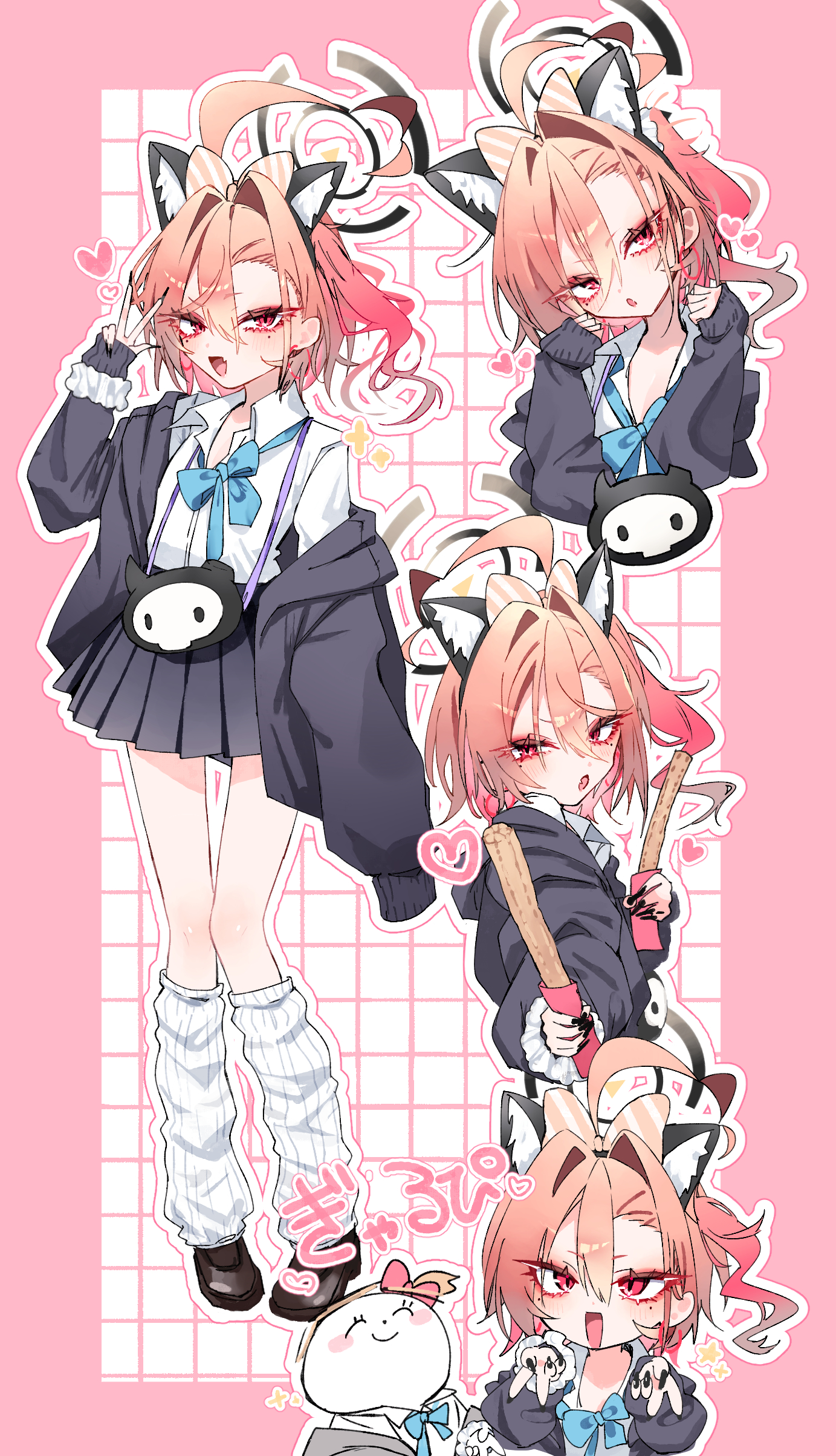 mo2upoyo, doodle sensei (blue archive), neru (blue archive), sensei (blue archive), blue archive, absurdres, commentary request, highres, 1boy, 1girl, ahoge, alternate costume, animal ear fluff, animal ear hairband, animal ears, black jacket, black skirt, blue bow, blue bowtie, blush, border, bow, bow hairband, bowtie, cat ear hairband, cat ears, churro, double gyaru v, fake animal ears, fang, fingernails, food, gradient hair, grid background, gyaru, gyaru v, hair between eyes, hair intakes, hairband, halo, heart, holding, holding food, huge ahoge, incoming food, jacket, kogal, looking at viewer, loose bowtie, loose socks, mole, mole under each eye, mole under eye, multicolored hair, multiple moles, multiple views, nail polish, one side up, open collar, orange hair, outline, pink border, pink hair, pleated skirt, ribbed socks, school uniform, shirt, short hair, skin fang, skirt, smile, socks, v, w, white outline, white shirt, white socks